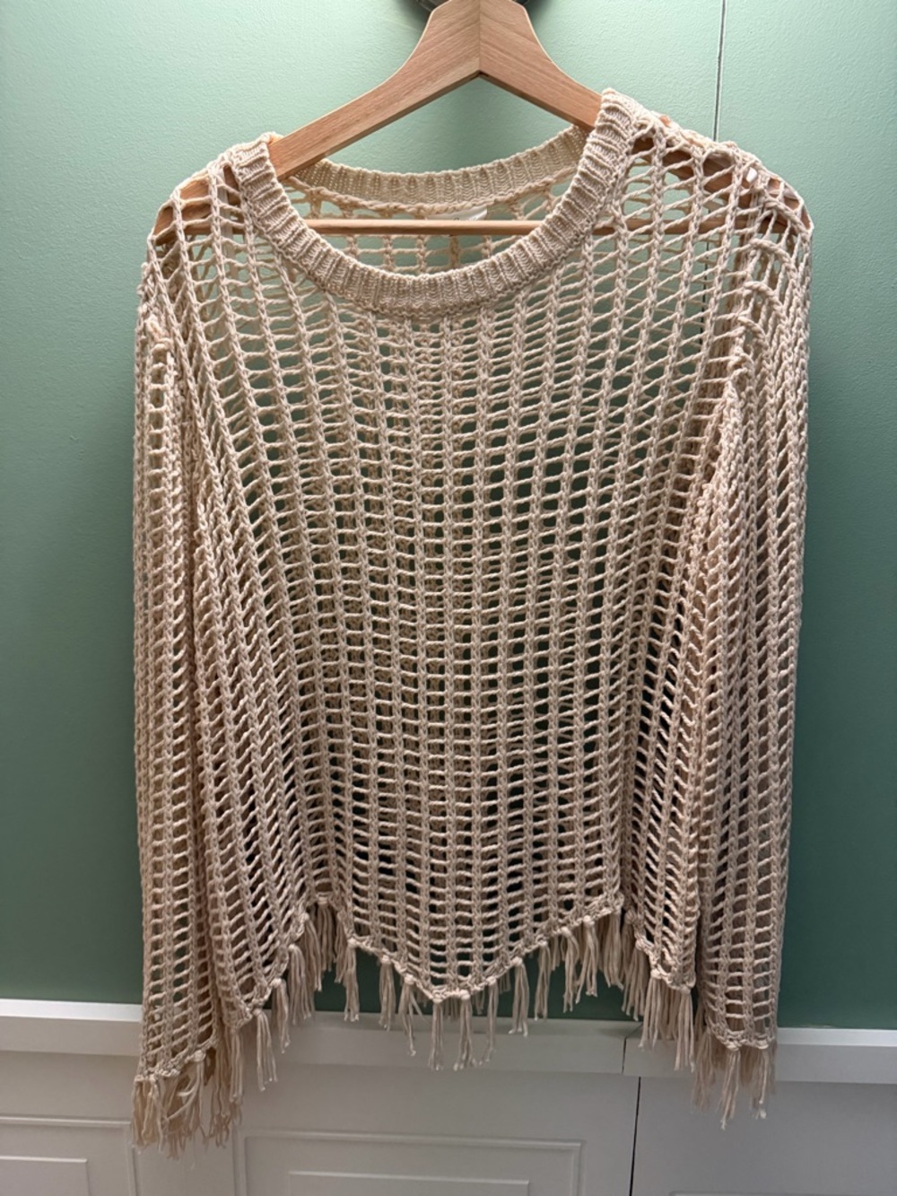 Open-Knit Fringe Crewneck Sweater in Cream